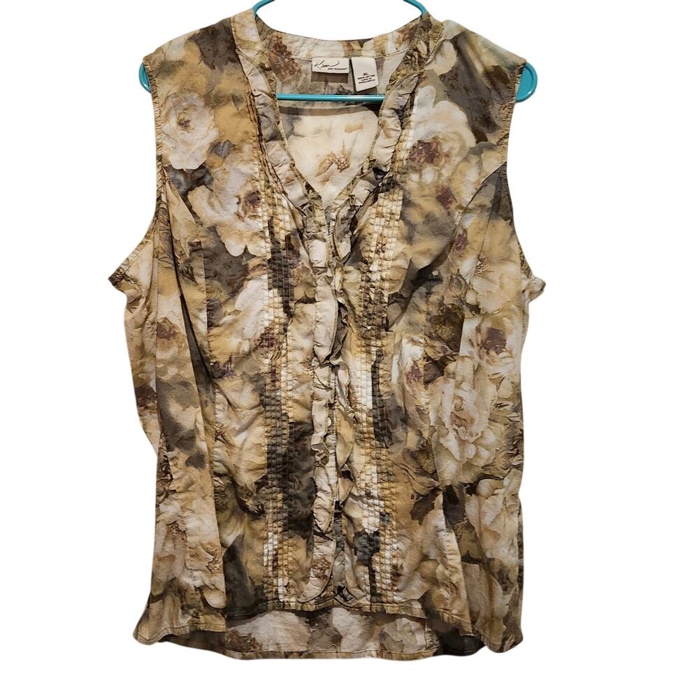Kim Rogers Multicolor Floral Pintuck Sleeveless Cotton Blouse Ruffle Top Size XL
